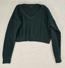 Wild Fable Sweater Womens Medium Green Rib Knit Crop V-Neck Long Sleeve Pullover