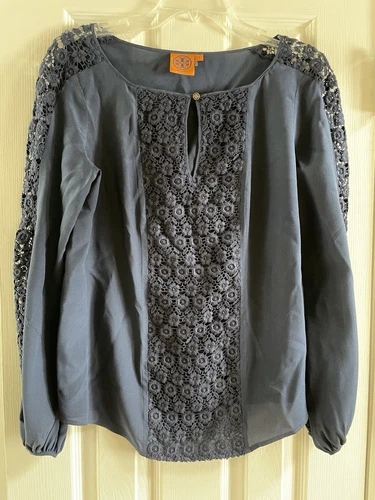 CAMICIA TOP DONNA TORY BURCH BLU PIZZO MANICA LUNGA COLLO BOTTONI 10 INDOSSATA UNA VOLTA