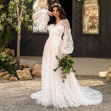 Elegant A-Line Floral Wedding Dress for Women Vintage V-Neck Puffy Long Sleeves