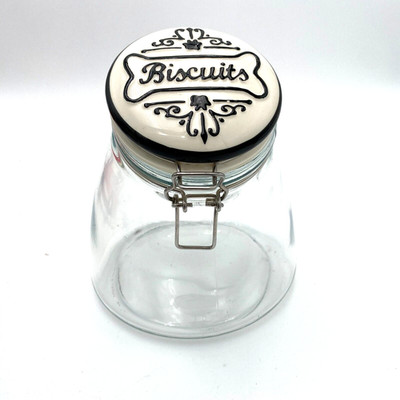 Dog Treats Canister Clear Glass With Ceramic Biscuits Dog Bone Metal Clasp