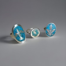 Vintage Taxco Mexico Sterling Silver Lot Of 6 Turquoise Inlay Rings