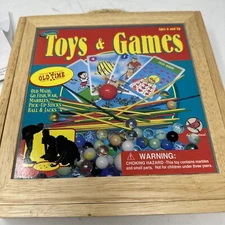 Nostalgic Toys & Games Set In Wooden Game Box Marbles Pick Up Sticks Cards