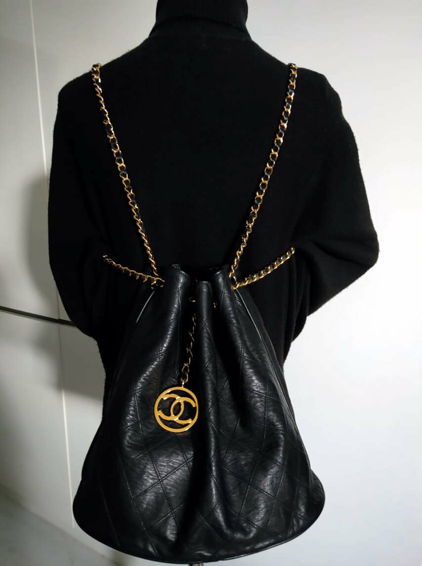 FULL SET CHANEL Vintage Black CC Charm 24K Gold Chain Bucket Backpack Bag  Pouch