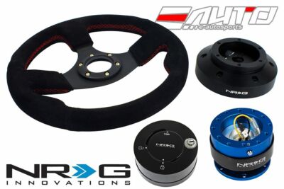 NRG 320mm Race Suede Red Stitch Steering Wheel 101H Hub 2.0 Blue Release Lock LB