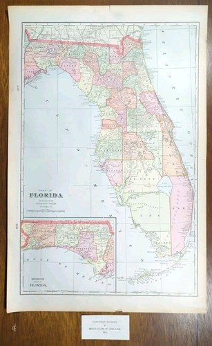 Vintage 1902 FLORIDA Map 14"x22" ~ Old Antique Original PENSACOLA TALLAHASSEE FL - Picture 2 of 6