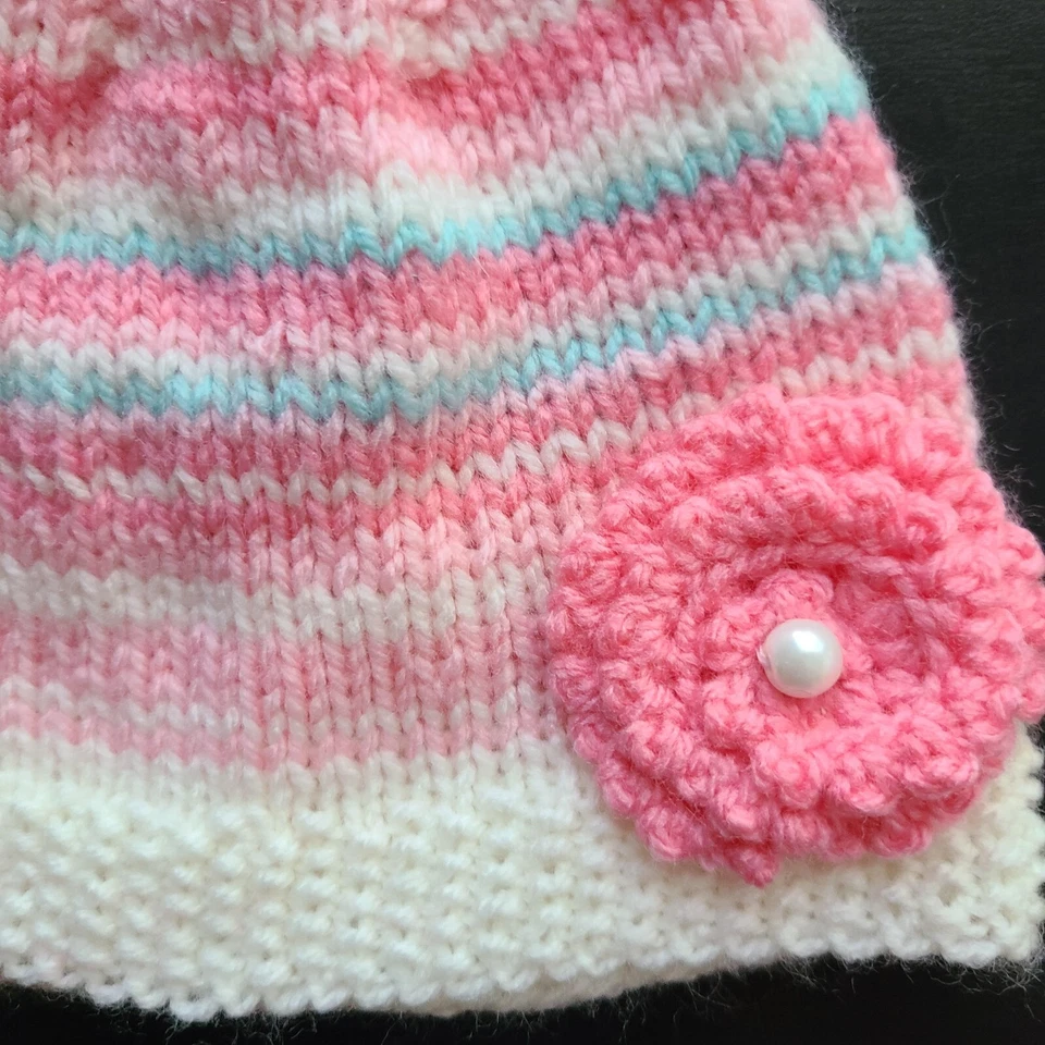 Bebé Niña Tejido Gorro Hecho a Mano Multicolor Flor Acrílico Talla 3-6 Meses - Imagen 4 de 4