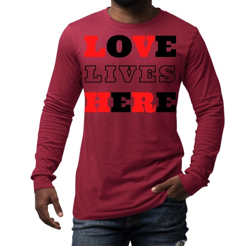 Mens Long Sleeve Graphic T-shirt Love Lives Here Christian Red Black - Picture 18 of 60