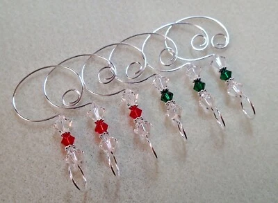 6 Red Green Crystal Ornament Enhancers Hooks made with Swarovski Beads 8/6/8