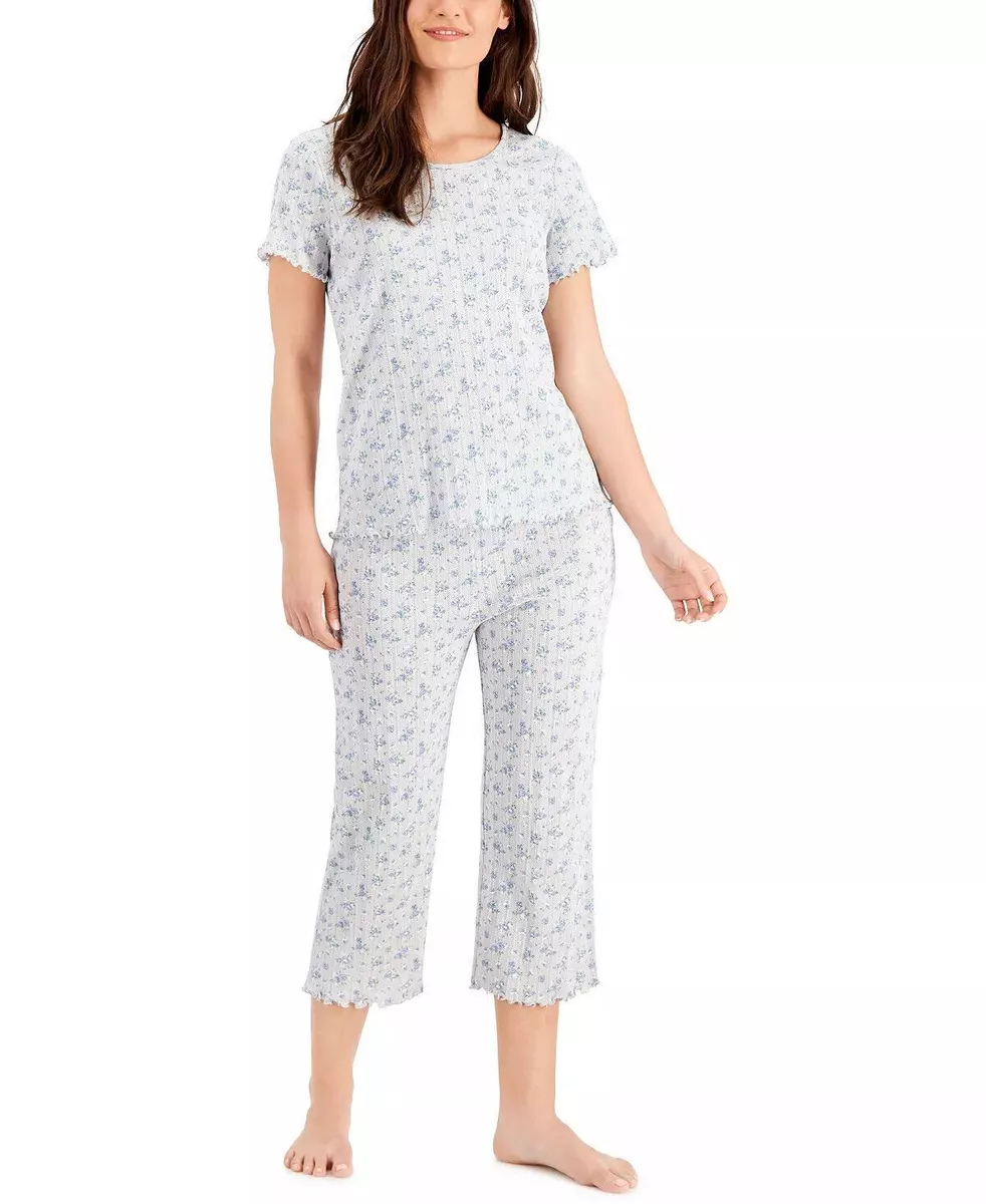 Charter Club Womens Cotton Pointelle Capri Pajama Set Grey Roses