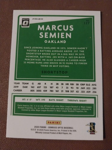 2020 MARCUS SEMIEN DONRUSS OPTIC LIME GREEN PRIZM CARD #117 OAKLAND A'S RANGERS - Picture 2 of 2