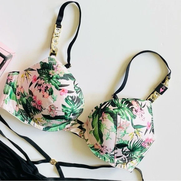 32C PEQUEÑO Victoria’s Secret Conjunto Sujetador Pushup Verde Tiras Negro Descarado Bragas Foto 2 de 4