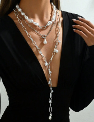 Multi Layered Pearl Statement Necklace Silver Chain Long Bead Graduated Strand
