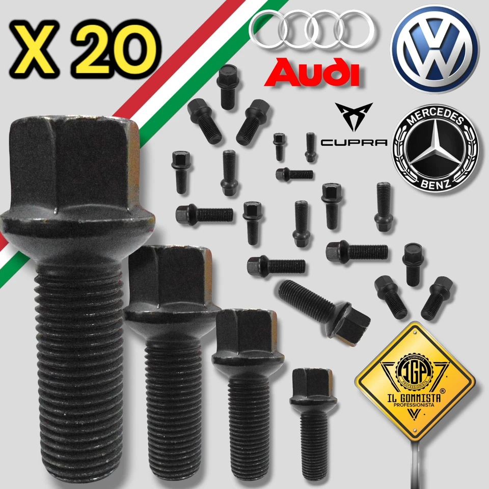 Kit 20 Bulloni Cerchi in Lega Neri M14 x 1,5 x 28 Compatibile con Audi A1 A3 A4 - Immagine 4 di 4