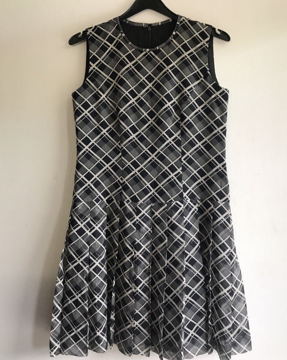 A Line Short Dress Tartan Plaid Black Pleated Round Neck Zip Back Sleeveless S/M | eBay A Line Short Dress Tartan Plaid Black Pleated Round Neck Zip Back Sleeveless S/M | eBay