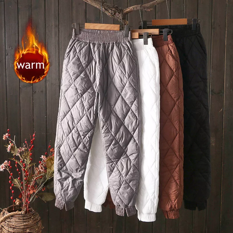 Elastic Waist Women Winter Warm Down Cotton Thick Pants Padded Quilted  Trousers