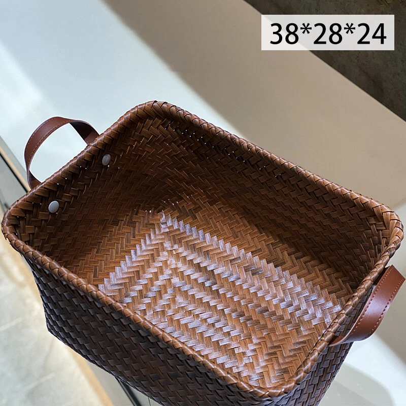 1X PU Handle Storage Basket Imitation Rattan Woven Laundry Washing Basket Home - Image 4 of 4