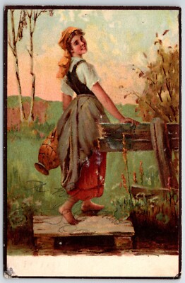 bare foot girl fetching water tucks postcard vintage PM 1905