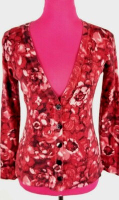 J. Jill Lightweight Floral Cardigan Sweater Women Size XS Petite Red Pink