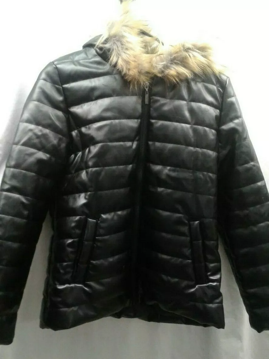 Women Jacket Black Puffer Coat Faux Fur Hooded Long Sleeves Quilted Jacket