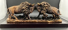 Bronze Fighting Buffalo on Base Detailed Carving Cowboy Native American Desk Art