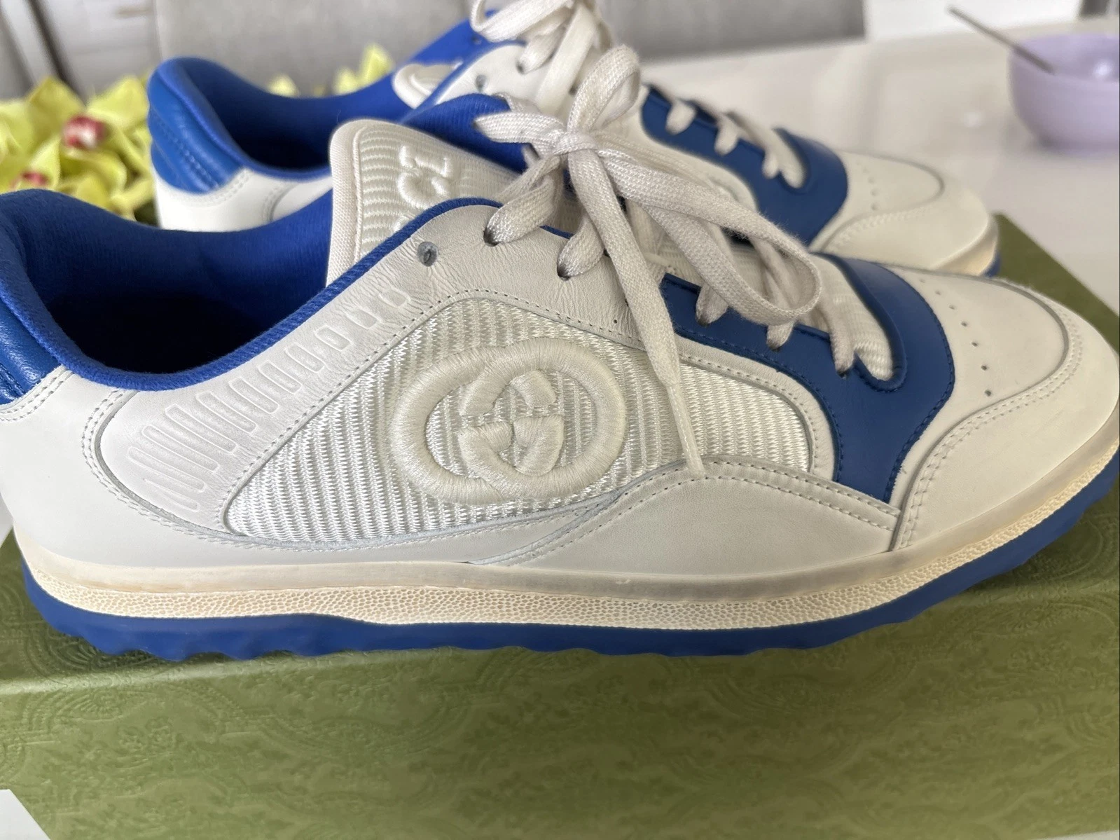Baskets homme Gucci cuir bleu/blanc taille 9,5 US 100% authentiques