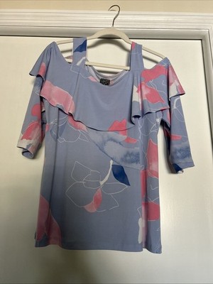 CIara Sun Woo Top Blue White Pink Cold Shoulder Stretch 3/4 Sleeve L EUC