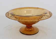 Vintage Amber Glass Pedestal Compote Bowl Etched Floral 9.5" Wide Elegant Decor