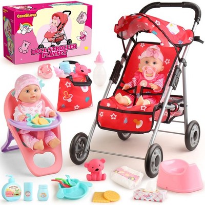 Baby Doll Stroller Set - A 12.5'' Baby Doll with Doll Accessories & 2 Sets Clothe