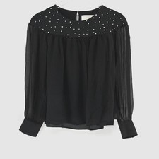 Phillip Lim Silk Top Womens Size 6 Black Rhinestone Balloon Sleeve Glam Holiday