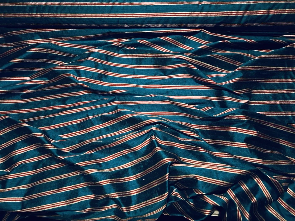 Teal/Red/White Dupioni Stripes 100% Silk Fabric 44" Wide, By The Yard (SD-614B) - Image 3 of 3