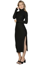 Sweater-knit Fuzzy Turtle Neck Split Thigh Dress