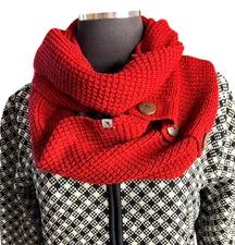 Eddie Bauer Red Tight Knit Infinity Scarf- Wood-look Button Detail Christmas