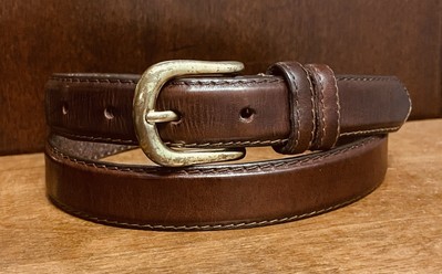 GH Bass Brown Leather Belt Sz L 15/16 Wide Patina Buckle Stitched GUC