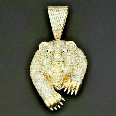 3Ct Round Cut Real Moissanite Lion Face Charm pendant 14K Yellow Gold Plated