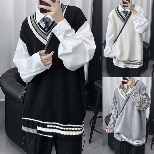 Mens Knitted V Neck Vest Stylish Sleeveless Pullover in Striped Design - Picture 4 of 24