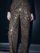 NWT Zara Sequin Animal Print Straight Leg Dress Pants Brown Black Gold. Size: S