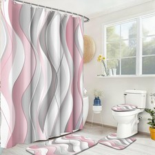 4 PCS Pink White Bathroom Sets Shower Curtain Rugs Grey Striped Decor 12 Hooks