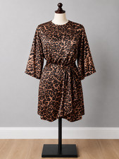 Girl In Mind Leopard Satin Mini Dress UK 8 NWT Party Sexy Wrap Animal 3/4 sleeve