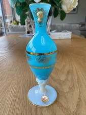 MURANO Vintage Blue Opaline Glass Vase Gold Detail Cameo Bud Vase Original label