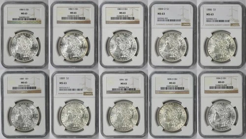 Lot 10 Coins Different Date Morgan Dollar $1 MS 63 NGC