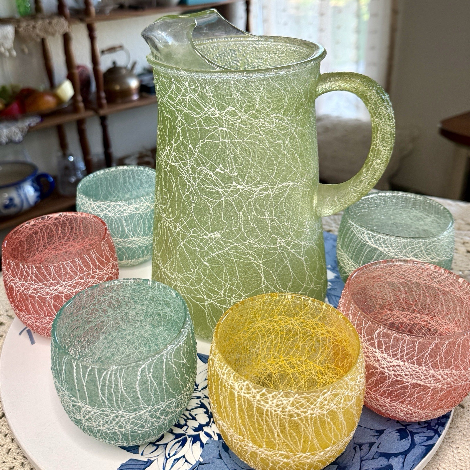 Vtg MCM Spaghetti String Glass Pitcher Roly Poly Glasses 7pc Set Atomic Boho 50s