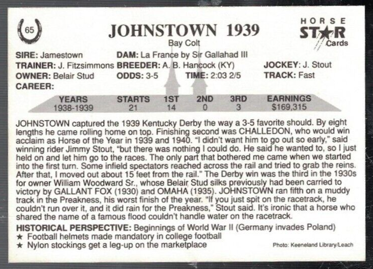 1991 HORSE STAR CARDS HORSE RACING 1939 JOHNSTOWN65 eBay