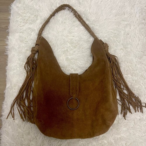 💕Free People Hobo-Tasche beige taupe Wildleder mit Fransen & geflochtenem Riemen 💕