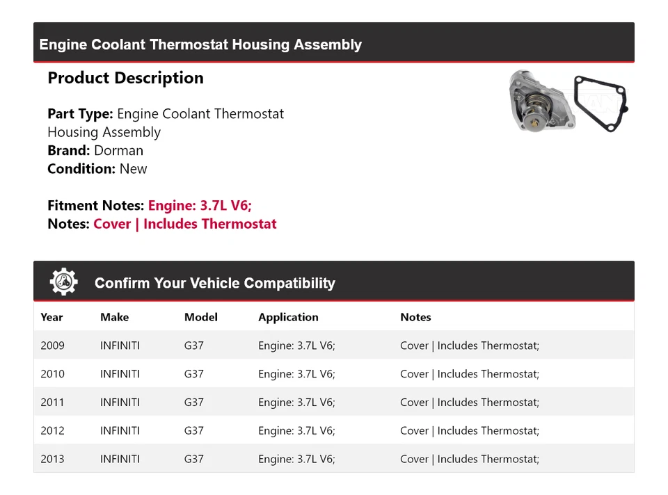 Para 2009-2013 INFINITI G37 3.7L V6 conjunto de carcaça termostato Dorman 2010 2011 - Imagem 2 de 4