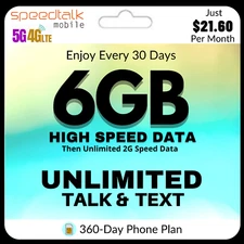 SpeedTalk Mobile Prepaid SIM Card Kit 5G 4G LTE No Contract 360 Days Phone Plan