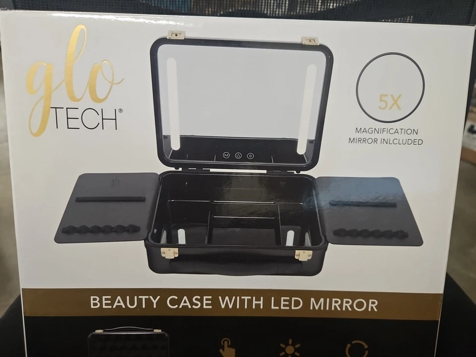 Glo Tech Beauty Case With LED Mirror - Black - New Open Box