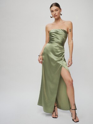 NWOT Reformation Barrow Silk Dress in Artichoke Green Maxi Strapless Size 4  | eBay