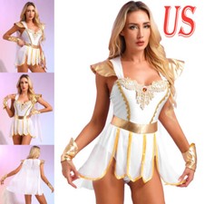 Women Halloween Bodysuit Dress Toga Gold Trims Outfits Cosplay Fancy Dress up