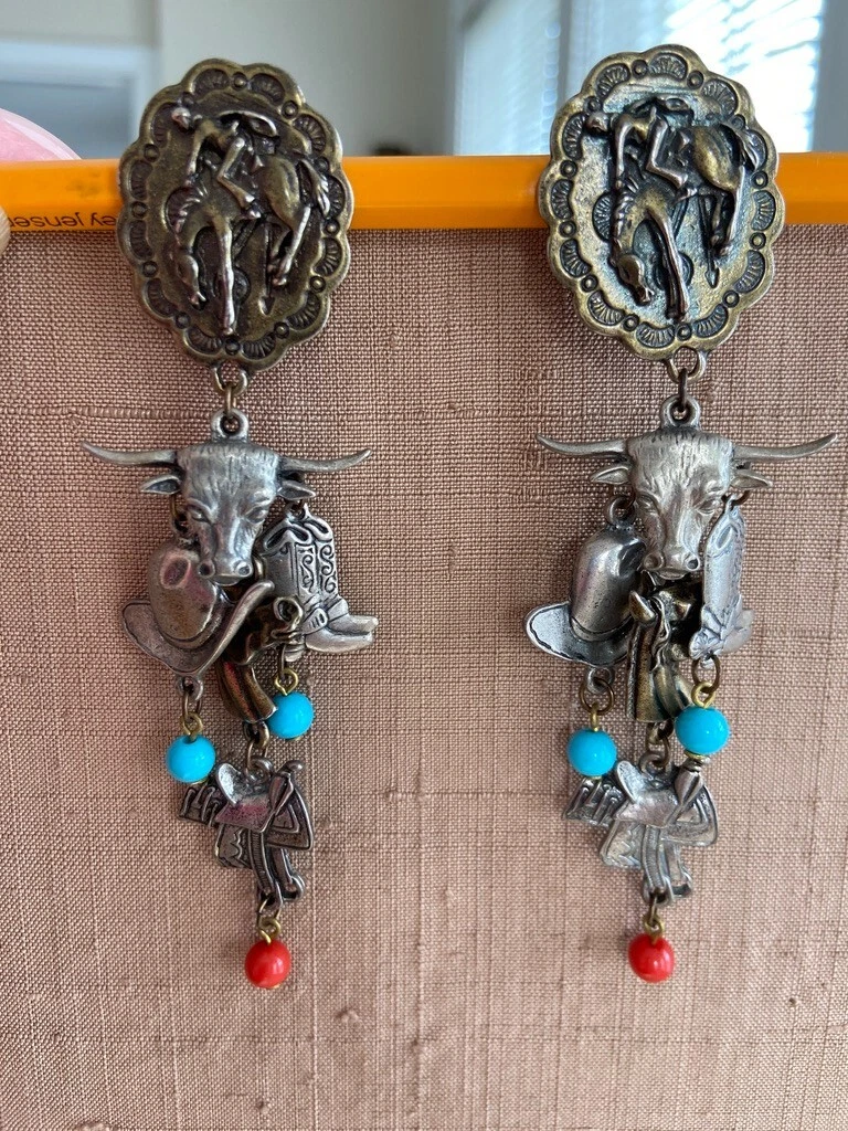 Cowgirl Hanging Western Horse Charm Clip-on Earrings Saddle Hat