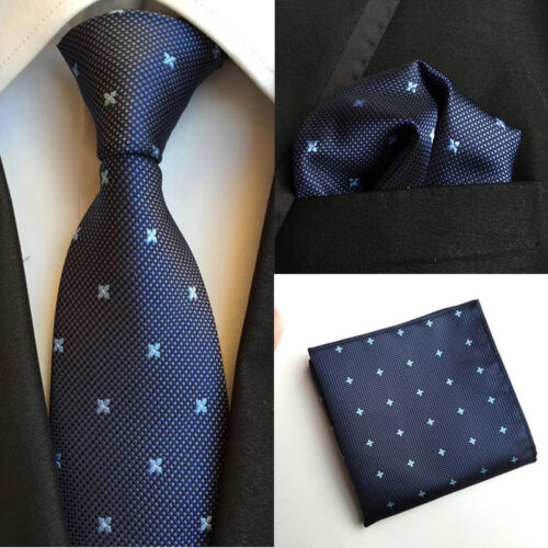T101 men silk ties & handkerchief pocket square Tie set dark blue diamonds stars - Picture 1 of 8